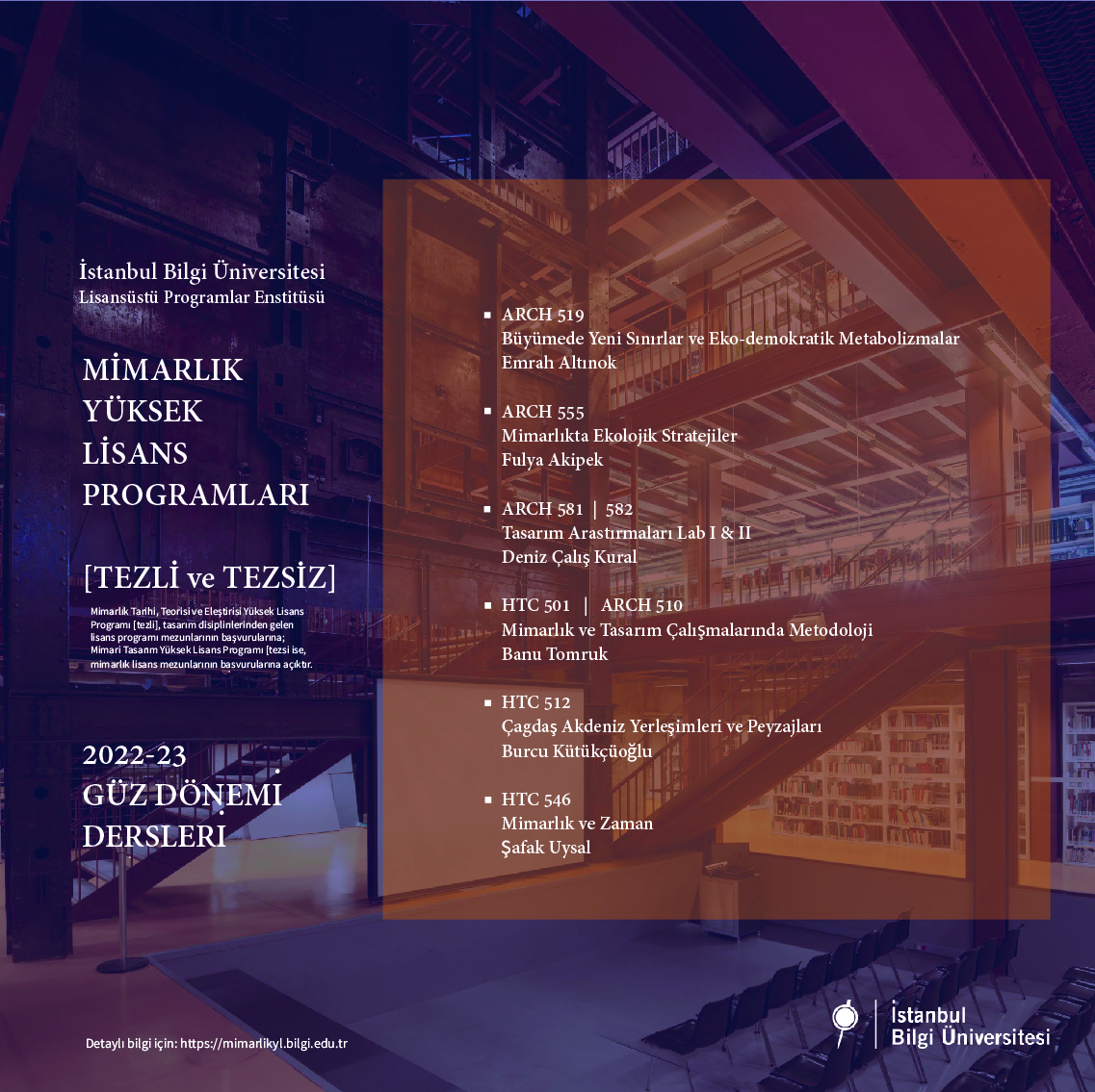 2022-23 Bilgi Üniversitesi Mimarlık Yüksek Lisans Programları Güz Dönemi Dersleri
